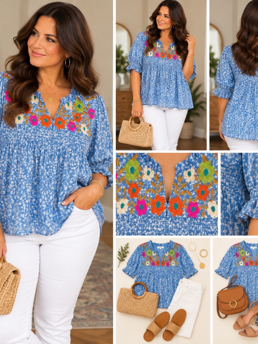 Embroidered Floral Blue Peasant Top - Women's Blue Floral Top